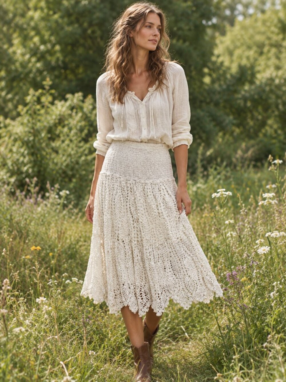 Raviya Prairie Cottagecore Bohemian White Crochet Knit Midi Skirt Size Small